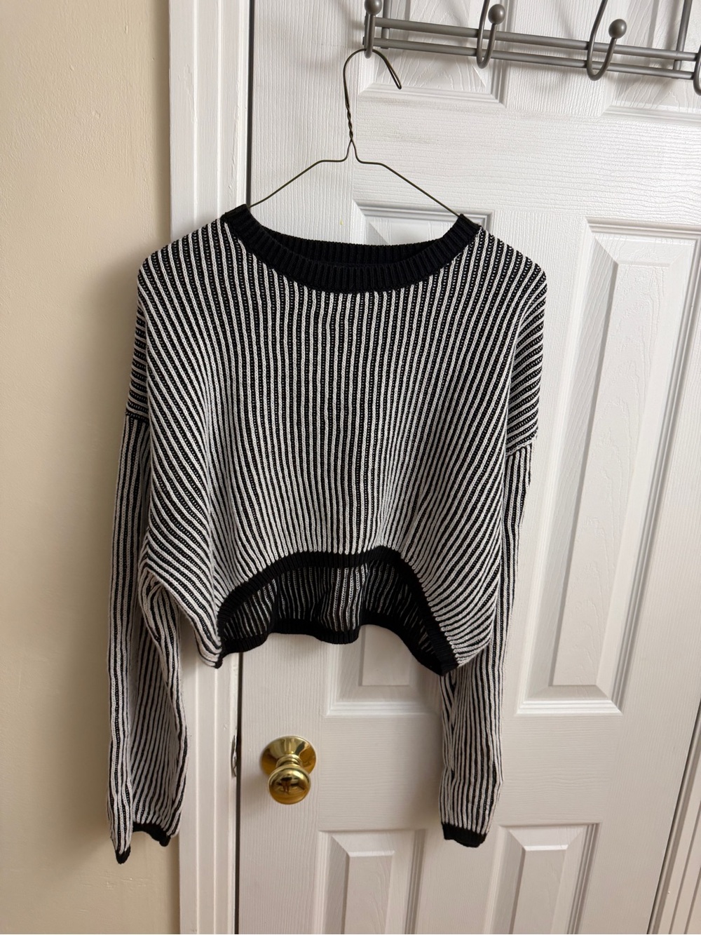 Edikted Black and White Striped Cropped Crewneck Sweater